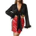 thumbnail image 1 of KOMOO Women Tie Front Blouse Feather Long Sleeve Ruffle Drawstring Cardigan Crop Top Satin Shirt Tops, 1 of 7