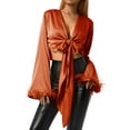thumbnail image 1 of KOMOO Women Tie Front Blouse Feather Long Sleeve Ruffle Drawstring Cardigan Crop Top Satin Shirt Tops, 1 of 10
