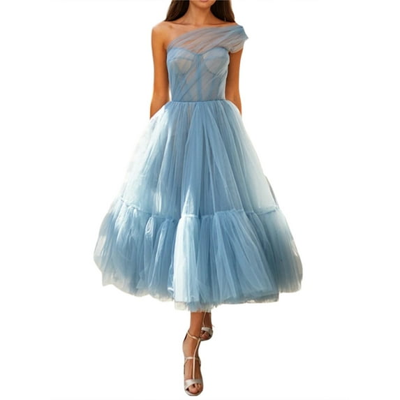 KOMOO Women Tulle Long Dress Solid-color Sleeveless Princess Dress Performance High Waist Dress