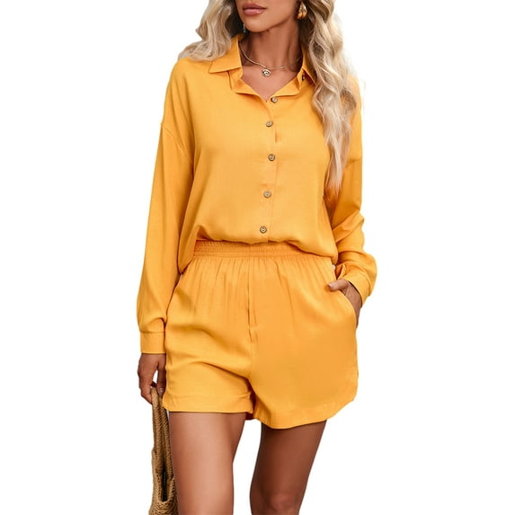 KOMOO Women Two Piece Shorts Set Printed Long Sleeves Button Shirt Elastic Waist Shorts Outfits