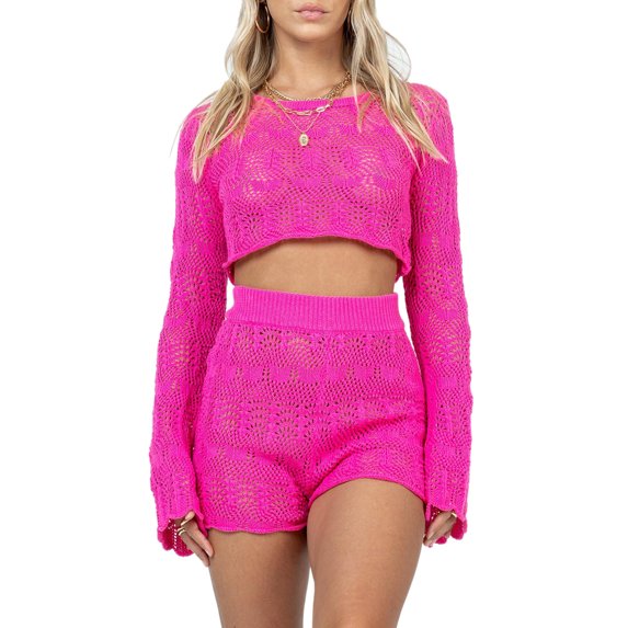 KOMOO Women Two Pieces Knitted Shorts Set Striped Plain Long Sleeve Knit Crop Tops High Rise Shorts Outfits
