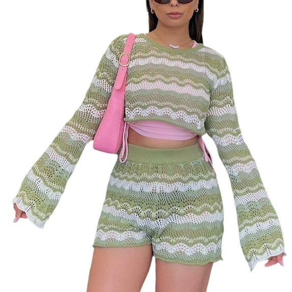 KOMOO Women Two Pieces Knitted Shorts Set Striped Plain Long Sleeve Knit Crop Tops High Rise Shorts Outfits
