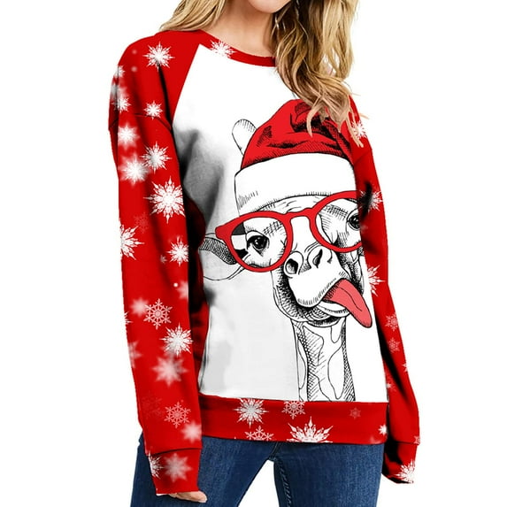 KOMOO Women Ugly Christmas Sweatshirt Funny Christmas Pullover Tops Long Sleeve Cartoon T-shirt