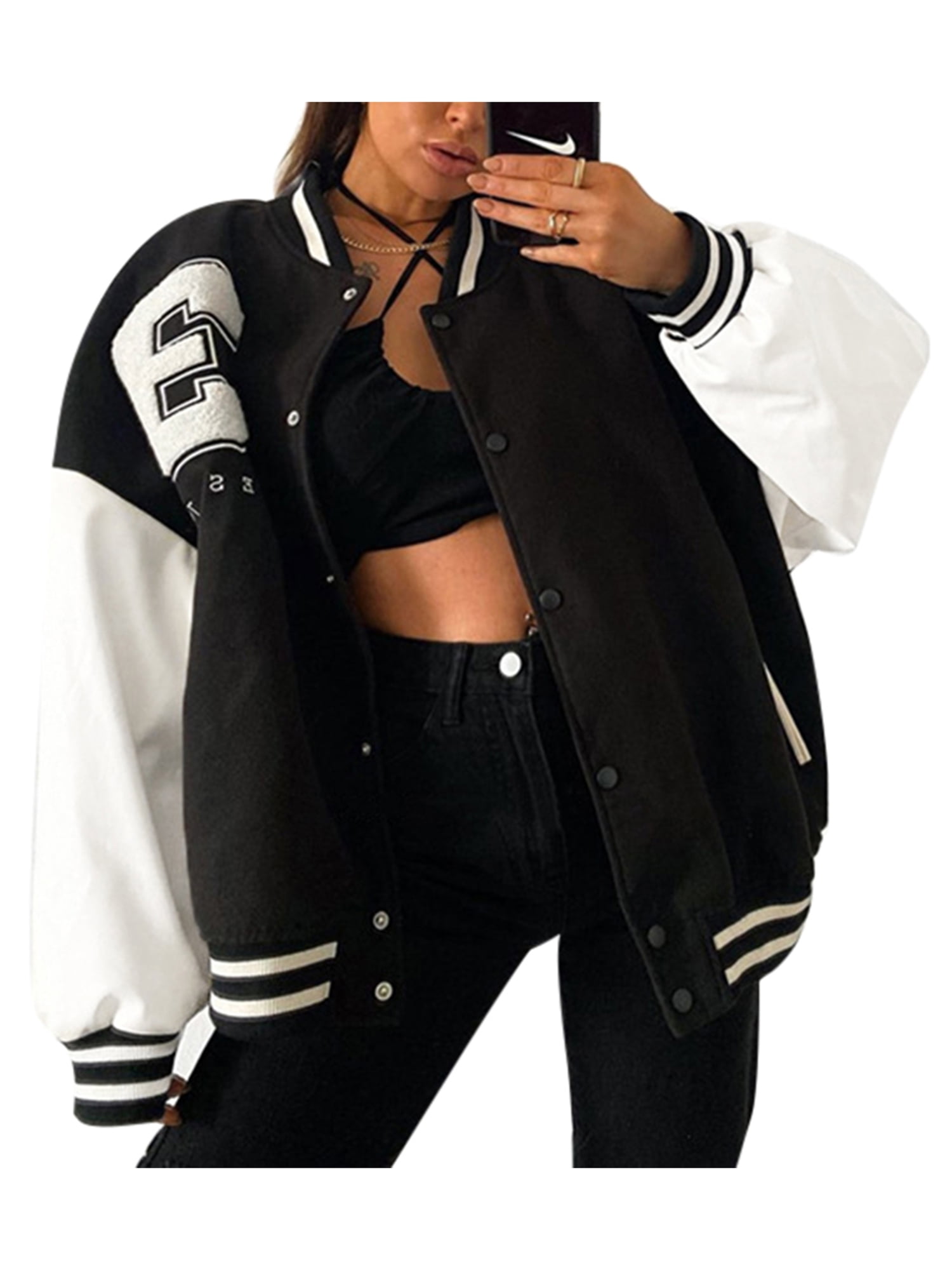 KOMOO Women Varsity Jacket Long Sleeve Button Down Cropped KOMOO Women Varsity Jacket Long Sleeve Button Down Cropped