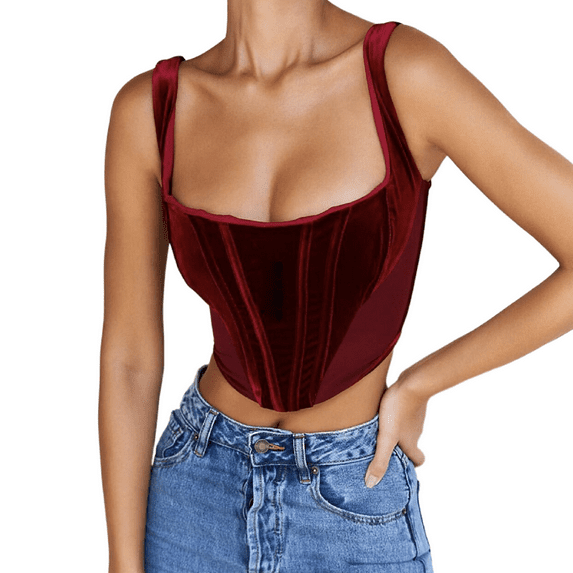 KOMOO Women Velvet Boneless Vest Sleeveless Corset Basic Crop Tank Top Slim Fit Camisole Clubwear