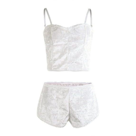 KOMOO Women Velvet Lace Sleepwear Sleeveless Crop Tops + Shorts Set 2pcs Pajamas Set