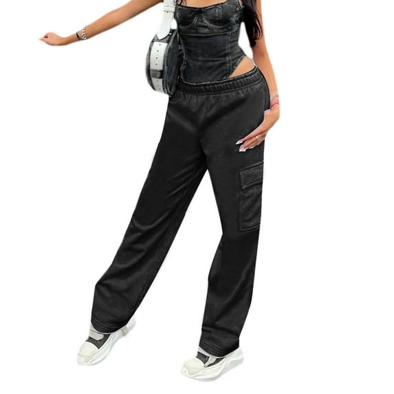 KOMOO Women Wide Leg Cargo Pants Elastic Waist Straight Leg Trousers with Flap Pockets Workout Joggers Loose Long Pants