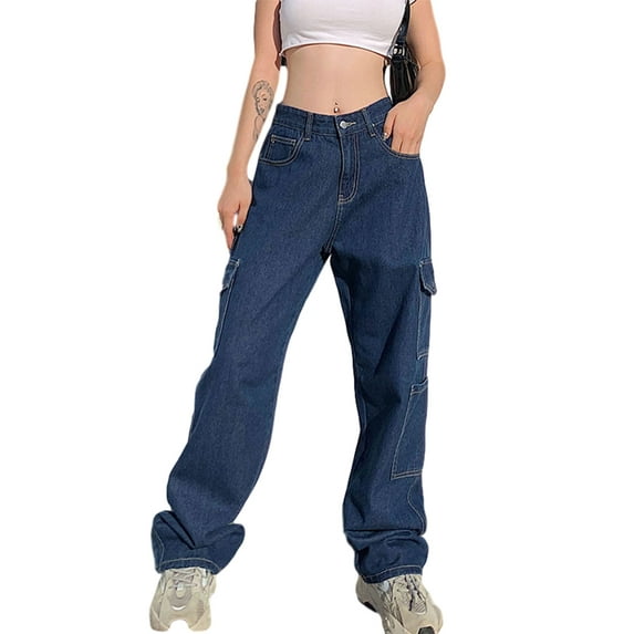 KOMOO Women Wide Leg Jeans Summer Solid Color Multi Pocket Denim Pants Trousers Straight-Leg Pants