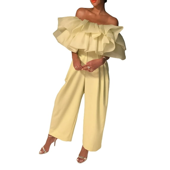 KOMOO Women Wide Leg Jumpsuit Off Shoulder Sleeveless Backless Ruffled Long Romper Chiffon Jumpsuits