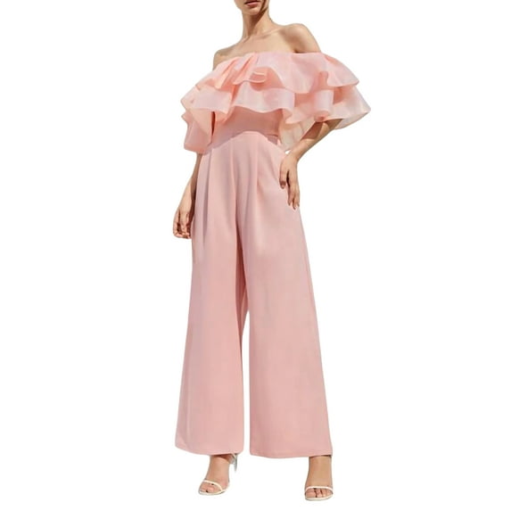 KOMOO Women Wide Leg Jumpsuit Off Shoulder Sleeveless Backless Ruffled Long Romper Chiffon Jumpsuits