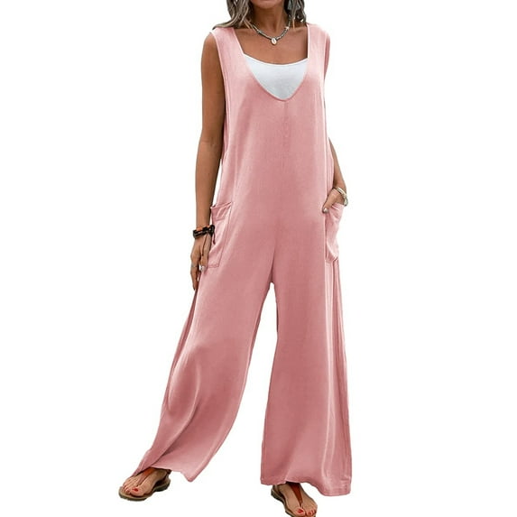 KOMOO Women Wide Leg Jumpsuit Sleeveless Patchwork Loose Rompers Pockets Long Jumpsuits Oversize