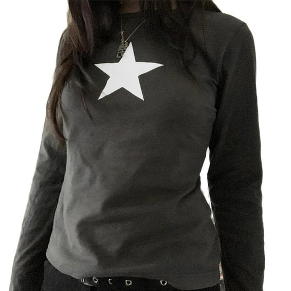 KOMOO Women Y2K Long Sleeve T-shirt Vintage Aesthetic Star Printed Crop Tops Basic Slim Blouse Tops
