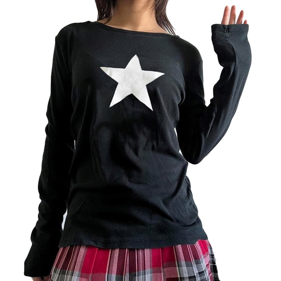KOMOO Women Y2K Long Sleeve T-shirt Vintage Aesthetic Star Printed Crop Tops Basic Slim Blouse Tops