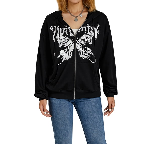 KOMOO Women Zip Up Hoodie Oversized Letter Butterfly Printed Long Sleeve Casual Sweatshirt Zipper Hooded Coat