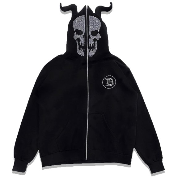 KOMOO Women Zip Up Hoodies Devil Horns Rhinestone Skull Sheep Head Full Zipper Hoodie Long Sleeve Goth Harajuku Sweatshirt Coat