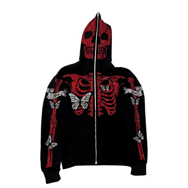Skeleton Jacket Rhinestone KOMOO Women Zip Up Hoodies Jacket Rhinestones Skull Butterfly Skeleton ...