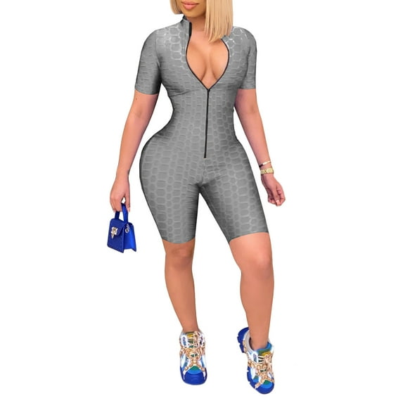 KOMOO Women Zip-up Romper Solid Color Slim Short Sleeve Jumpsuit Stand-up Collar Shorts Jumpsuits
