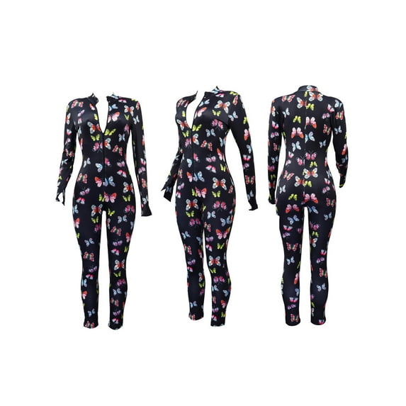 KOMOO Women's Long Sleeve Bodycon Jumpsuit Fashion Butterfly Print Zipper Jumpsuit Playsuit Long Romper Club Outfits