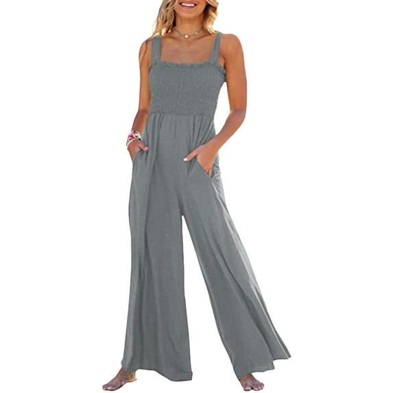 KOMOO Womens Casual Sleeveless Loose Jumpsuits Square Collar Smocked Rompers Pockets Wide Leg Jumpsuit