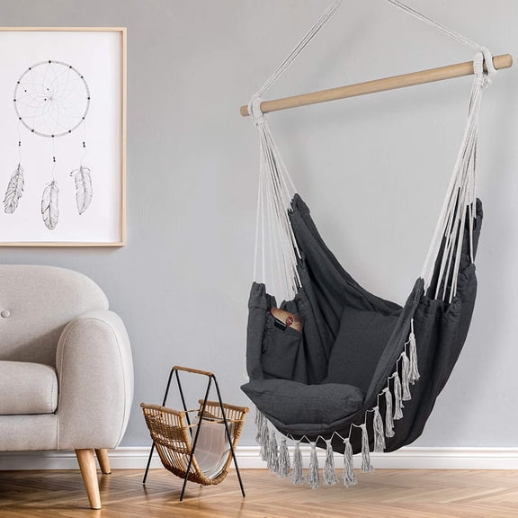KOMOREBI Hammock Chair - Grey - 60" x 47" - Hanging Rope Swing for Indoor & Outdoor - Soft & Cotton Canvas - 2 Cushions Included - Large Macrame Hanging Chair for Bedroom, , Porch