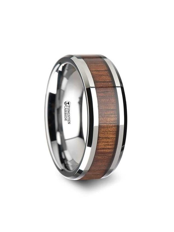 KONA Koa Wood Inlaid Tungsten Carbide Ring with Bevels - 6mm - Ring Size 9.5 - Band Width 6mm