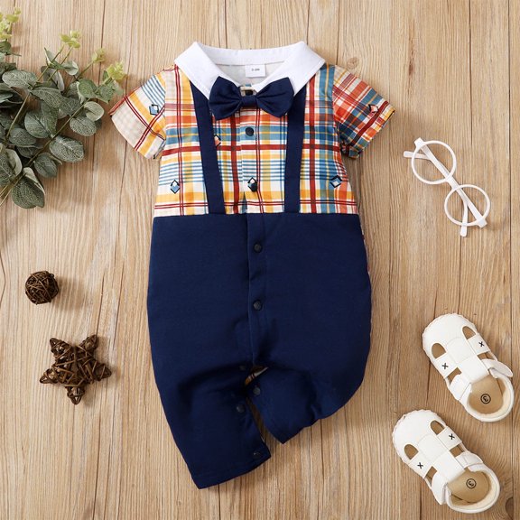KONBECA Baby Boys Girls Rompers, Infants Pure Cotton Coverall, Lapel Gentleman Bowknot Strap Jumpsuit, Stitching Plaid Short Sleeve Romper Outfits (3-24 Months)