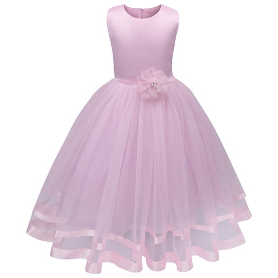 KONBECA Baby Girls Princess Dress, Little Girls Party Wedding Dress, Lace Embroidered Bowknot Flower Net Dress, Kids Pageant Flower Girl Sleeveless Dress, Christmas Gifts for Girls Pink (8-9 Years)