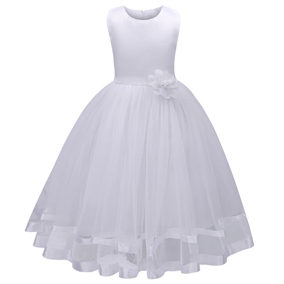 KONBECA Baby Girls Princess Dress, Little Girls Party Wedding Dress, Lace Embroidered Bowknot Flower Net Dress, Kids Pageant Flower Girl Sleeveless Dress, Christmas Gifts for Girls White (6-7 Years)
