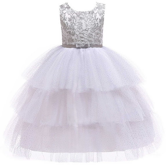 KONBECA Baby Girls Princess Dress, Little Girls Party Wedding Dresses, Evening Mesh Lace Dress Birthday Dress, Kids Pageant Flower Girl Sleeveless Dress, Birthday Gifts for Girls Silver (5-6 Years)