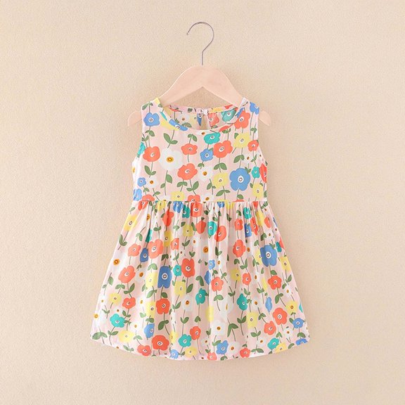 KONBECA Toddler Girl Outfits Princess Dresses, Baby Girls Sleeveless Graphic Print Casual Dress, Cotton Dresses Multicolor (6-7 Years)