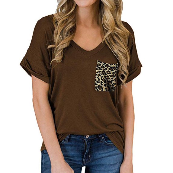 KONBECA Women Summer Tops Women Solid Short Sleeve V-Neck Casual Pockets Tee Tops T Shirt Coffee M