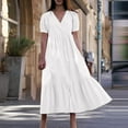 thumbnail image 1 of Zpanxa Women's Summer Bohemian Dress, V-neck Solid Wedding Guest Dress, Plus Size Loose Mid-Calf Dress, Beach Casual Pleated Long Dress, Swing Maxi Dress White 3XL, 1 of 7