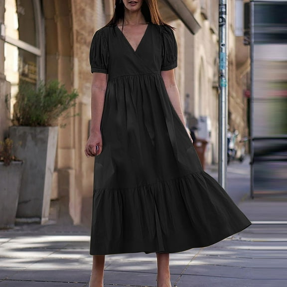 Zpanxa Women's Summer Bohemian Dress, V-neck Solid Wedding Guest Dress, Plus Size Loose Mid-Calf Dress, Beach Casual Pleated Long Dress, Swing Maxi Dress Black L