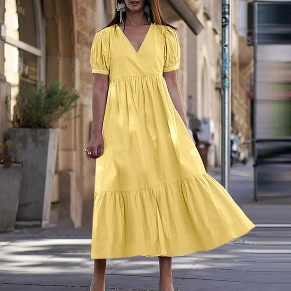 KONBECA Women's Summer Bohemian Dress, V-neck Solid Wedding Guest Dress, Plus Size Loose Mid-Calf Dress, Beach Casual Pleated Long Dress, Swing Maxi Dress Yellow XXL