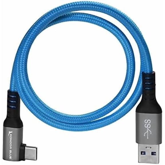 KONDOR BLUE | USB-A to USB-C 3.0 Right Angle High Speed Data and Charging Cable 3A 60W 5G | 2FT Ultra-Durable, & Nylon Braided with Reinforced Metal Connectors | Blue