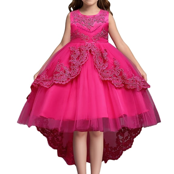 KONDYS Children's Solid Color Lace Sleeveless Knee Length Wedding Dress Dress Beautiful Casual Girl's Princess Dress