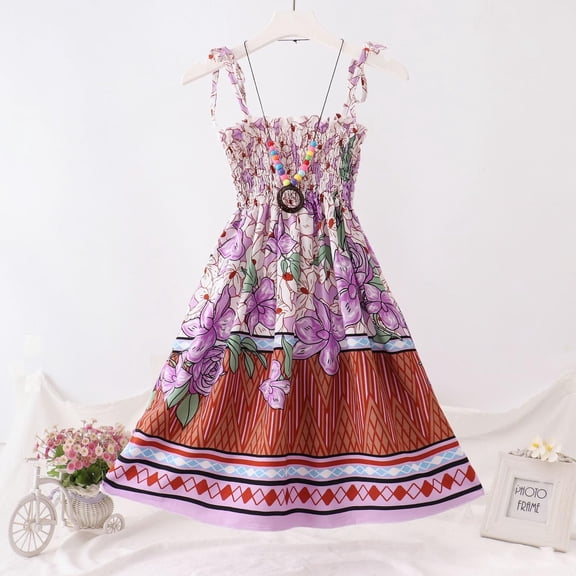 KONDYS Dresses for Girls Bohemian Multicolor Floral Stripes Spaghetti Strap Casual Summer Beach Sundress Size 8-10Y