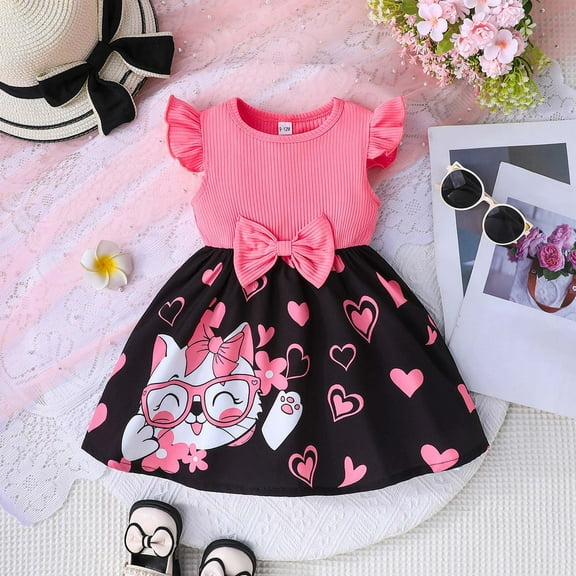 KONDYS Dresses for Girls Cute Cat Print With Bow Butterfly Fly Sleeve Casual Summer Beach Sundress for 2-3Y