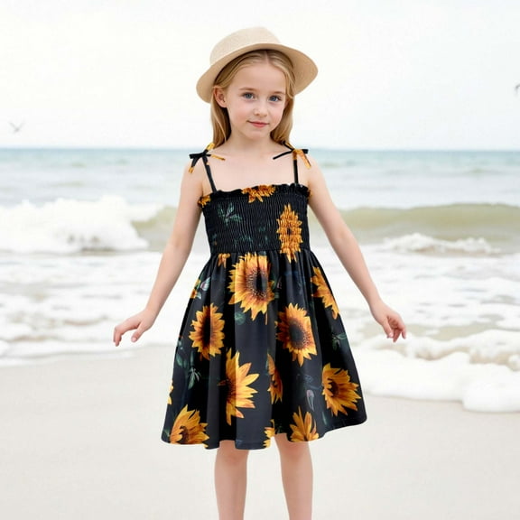 KONDYS Dresses for Girls Floral Print Sleeveless Strap With Adjustable Ties Ruffles Casual Summer Beach Sundress Size 11-12Y