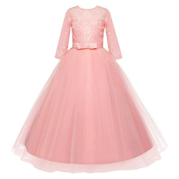 KONDYS Dresses for Girls Flower Lace Bowknot Tutu Formal Performance Long Sleeve Gown Casual Summer Beach Sundress for 4-5Y