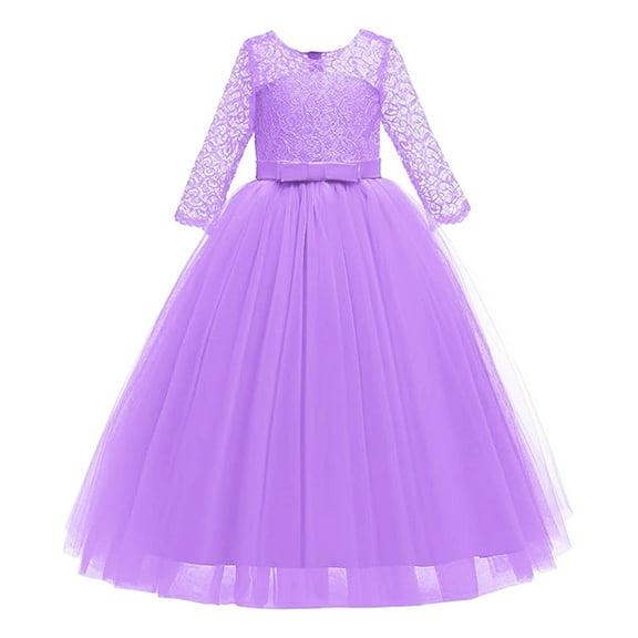 KONDYS Dresses for Girls Flower Lace Bowknot Tutu Formal Performance Long Sleeve Gown Casual Summer Beach Sundress for 5-6Y