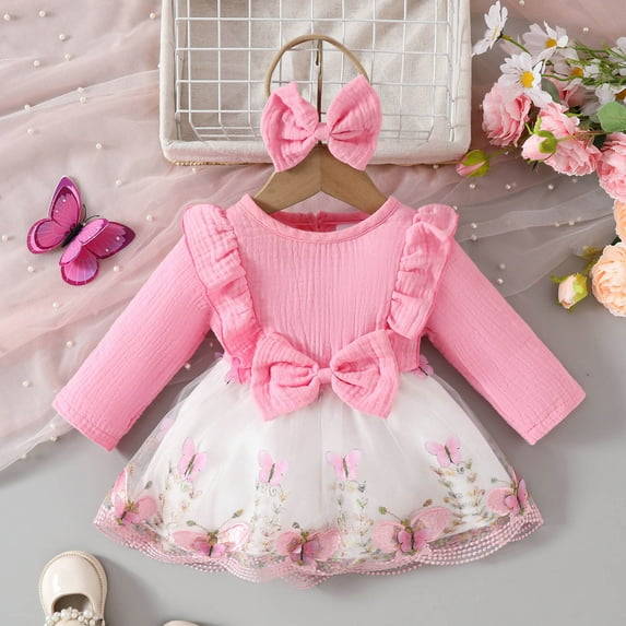 KONDYS Girl Dress Infant Long Sleeve Ruffles Headbands Set Princess Dress for Wedding Birthday Party Size 9-12M