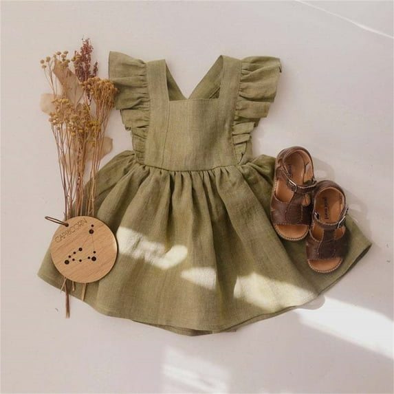 KONDYS Girl Dress Kids Fly Sleeve Linen Solid Color Print Ruffle Cute Backless Princess Dress for Wedding Birthday Party Size 6-12M