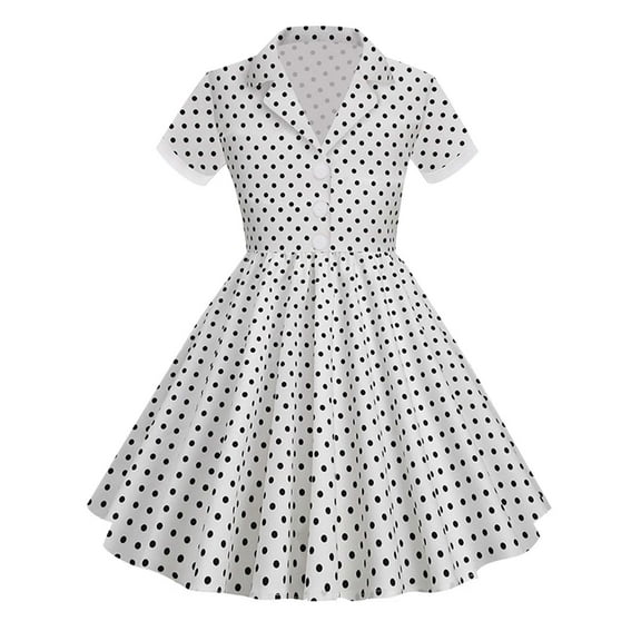 KONDYS Girl Dress Short Sleeve Vintage Polka Dots 50S Style Princess Dress for Wedding Birthday Party Size 5-6Y