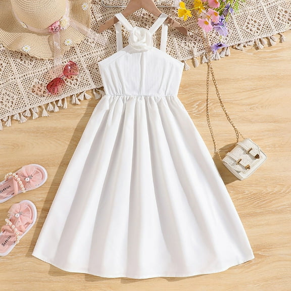 KONDYS Girl Dress Sleeveless Strap White Solid Color Princess Dress for Wedding Birthday Party Size 9-10Y