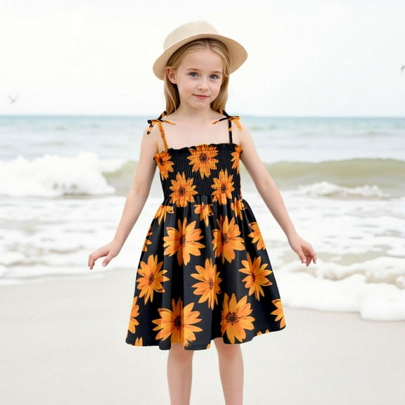 KONDYS Girls Dresses Floral Print Sleeveless Strap With Adjustable Ties Ruffles for Wedding Party Pageant Dresses for 13-14Y