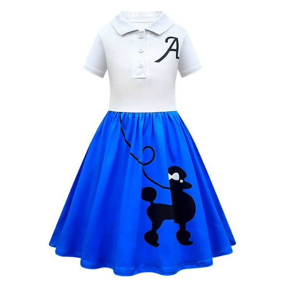 KONDYS Girls Elegant Dresses 1950s Poodle Dog Print Skirt Vintage Style Casual Beach Sundress for 10-12Y