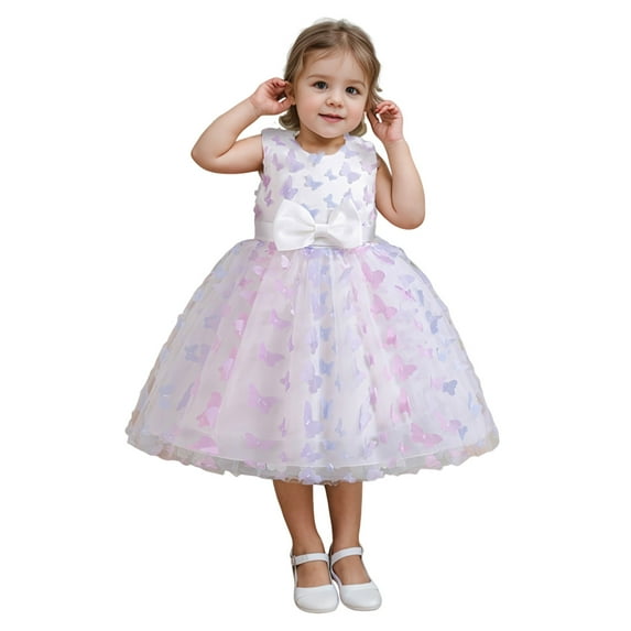 KONDYS Girls Elegant Dresses Bowknot Sleeveless Ruffles Solid Color Lace Bridesmaid Pageant Prom Gown Party Dress Summer Clothes for 5-6Y