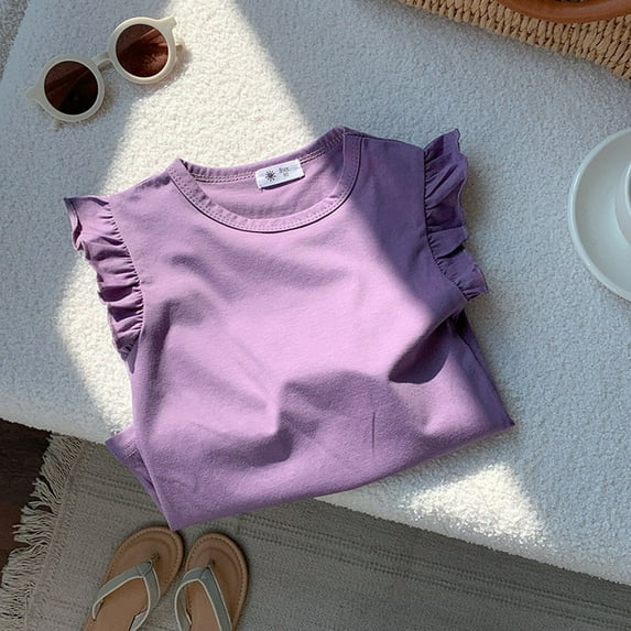 KONDYS Girls Ruffle Sleeve T Shirt Solid Color Vest Girls Basic Short Sleeve Cute Cozy Beautiful Girls Tops
