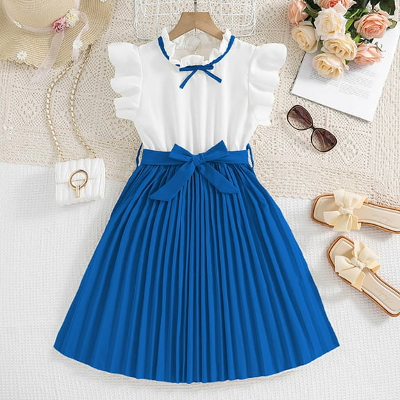 KONDYS Girls Spring Summer Dresses Flutter Sleeve Color Block Pleated Skirt Outfit Casual Party Dress for 6-7Y